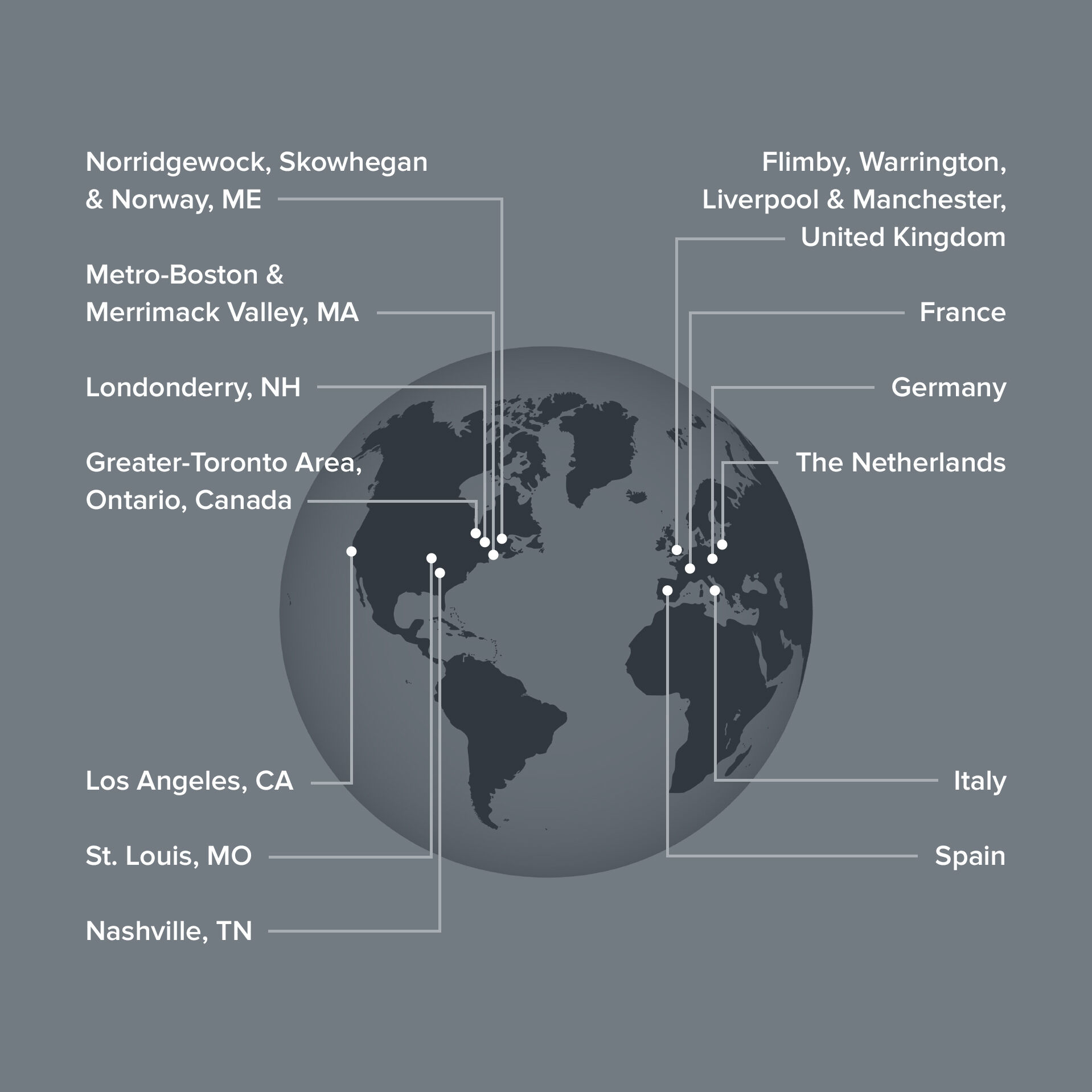 A map that shows the geographies where New Balance Foundation provides grants and includes the United States, Canada, United Kingdom and parts of Europe.